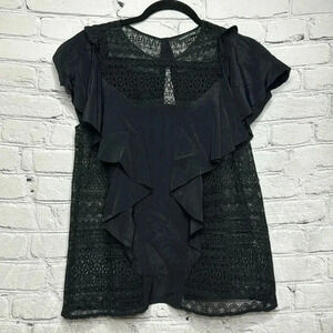 Marissa Webb Women’s Black Georgette Ruffled Trim Short Sleeve Blouse Shirt sz M